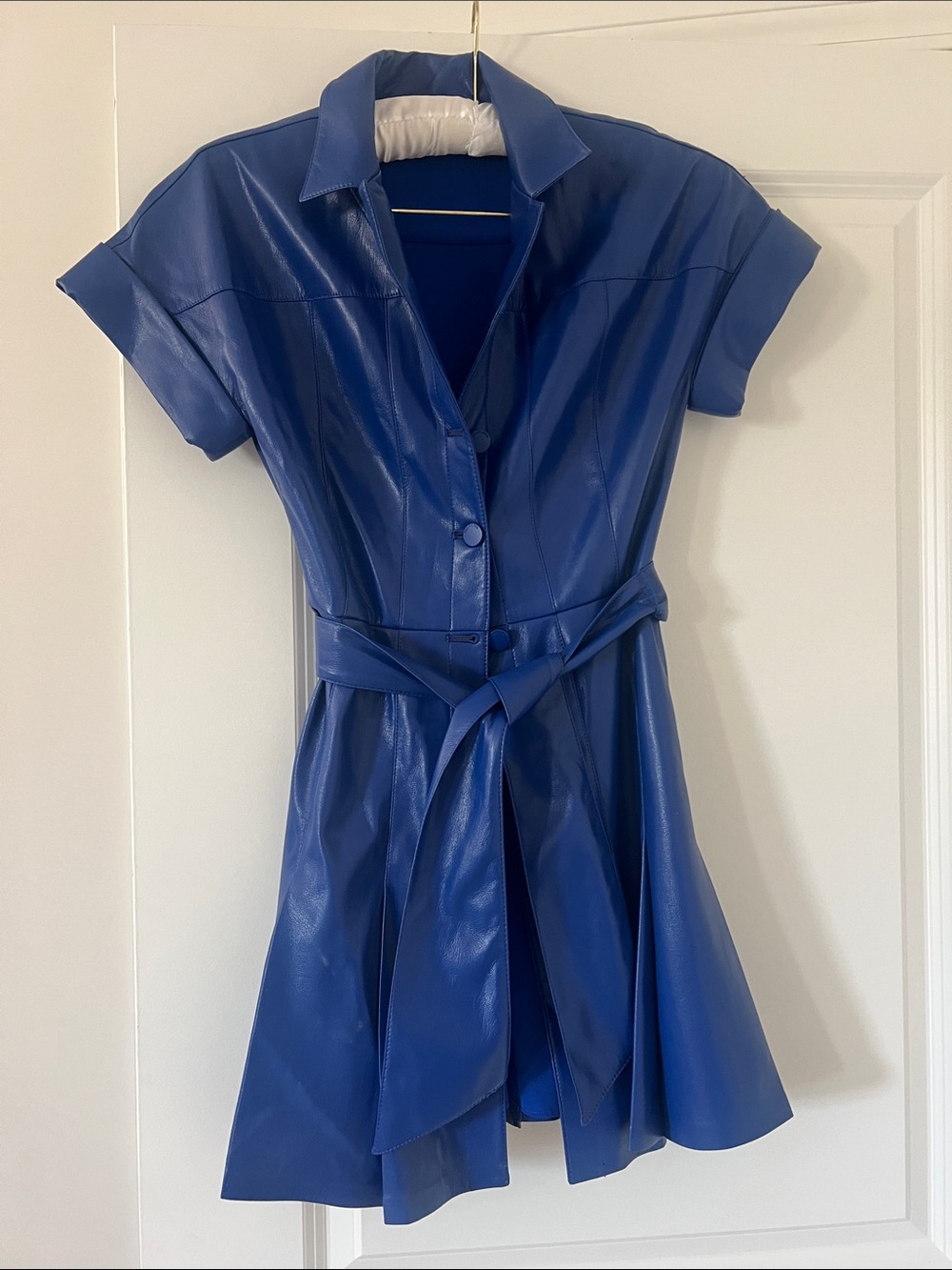 Alice + Olivia Electric Blue Faux-Leather Shirt Mini Dress with Tie Belt